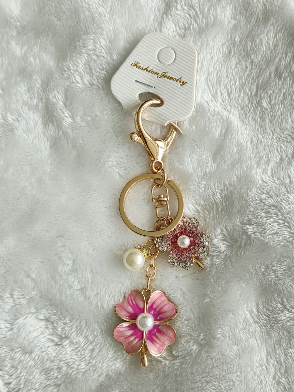 Gold-Tone Pink Flower Keychain with Pearl Charm Beautiful Bag Charm